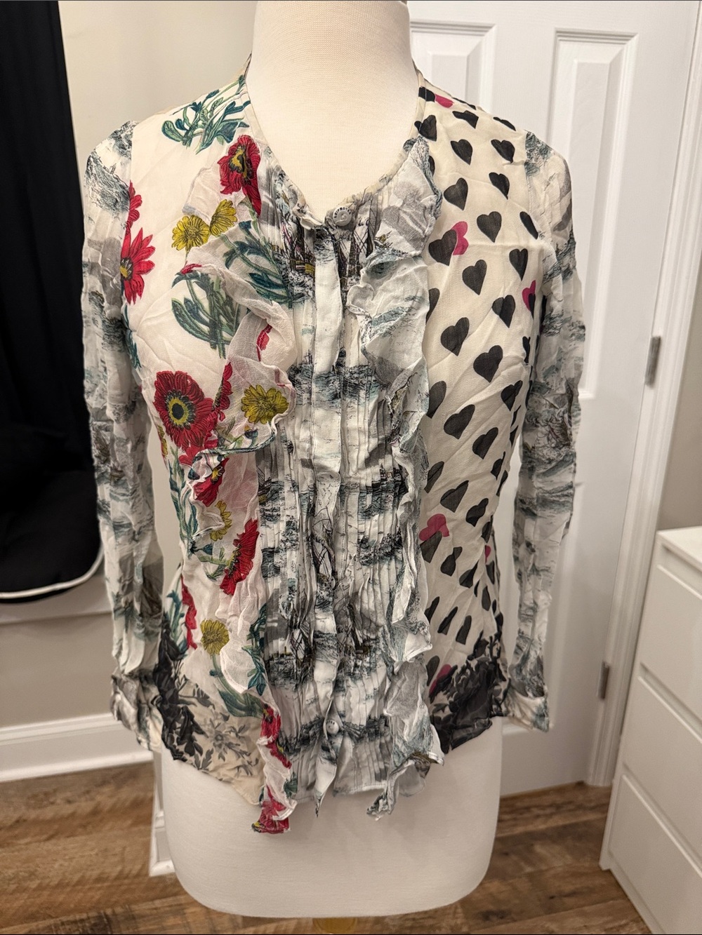 Ruffle-Front Floral & Heart Print Blouse - White with Red and Black Accents